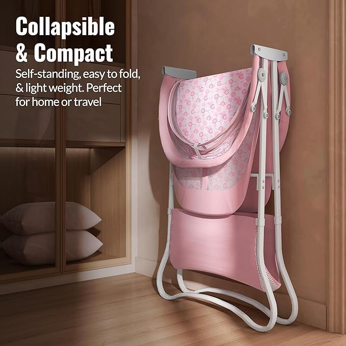 Dream On Me Karley Bassinet in Pink, Lightweight Portable Baby Bassinet, Quick Fold and Easy to Carry, Adjustable Double Canopy, Indoor and Outdoor Bassinet with Large Storage Basket.