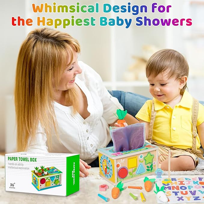 Montessori Baby Wooden Tissue Box Christmas Toy 6-in-1 Sensory Tissue Box Toy for Babies 6-12 Months Developmental Toys for Babies, Christmas Gift for 6-12 Months