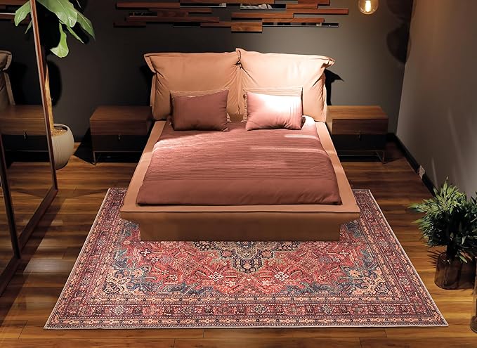 Bloom Rugs Washable Non-Slip 9' x 12' Rug - Red/Teal Blue/Yellow Traditional Medallion Area Rug for Living Room, Bedroom, Dining Room, and Kitchen - Exact Size: 9' x 12'