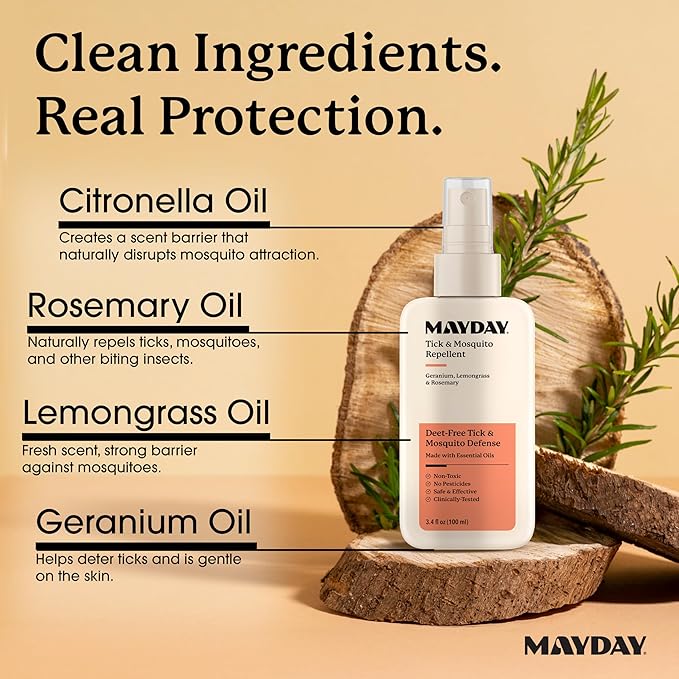 Mayday Tick & Mosquito Repellent – Deet-Free with Essential Oils – Geranium, Lemongrass & Rosemary – 3.4 oz (100 ml) – Non-Toxic, No Pesticides, Safe & Effective – Mosquito and Tick Repellent