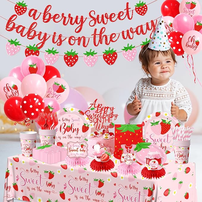 Strawberry Baby Shower Decorations for Girls, 190Pcs A Berry Sweet Baby is on the Way Party Supplies with Plates, Napkins, Cups, Banner, Tablecloth, Balloons, Cake Toppers, Honeycombs Serve 24
