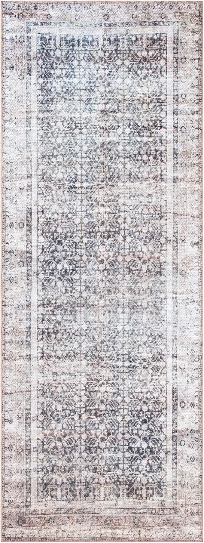 Bloom Rugs Washable Non-Slip 12 ft Runner - Tan/Blue/Green Traditional Runner for Entryway, Hallway, Bathroom, and Kitchen - Exact Size: 2.5' x 12'