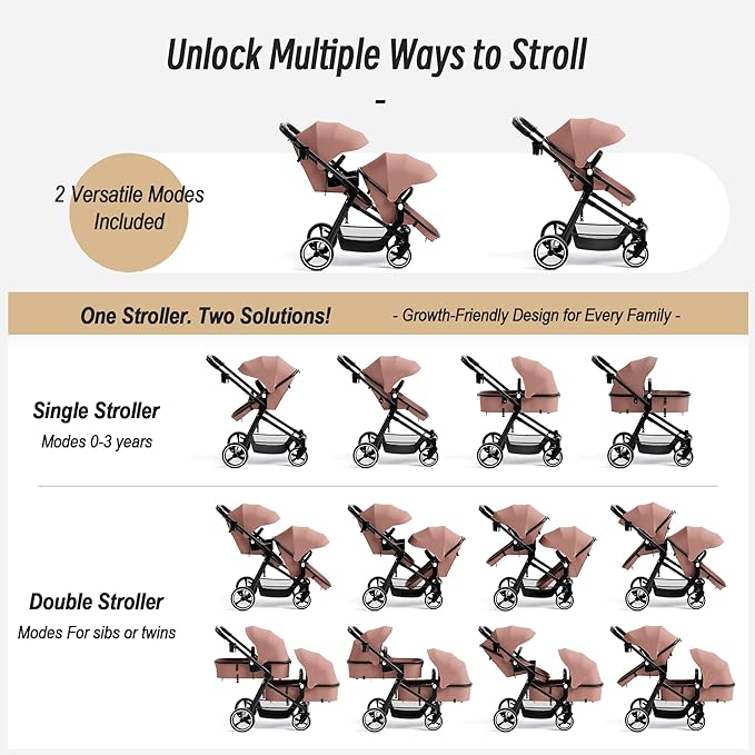 Double Stroller for Twins and Toddlers, Lightweight Aluminum Foldable Twin Stroller with Adjustable Backrest, Reversible Seat, 5-Point Harness, Storage Basket (Pink)