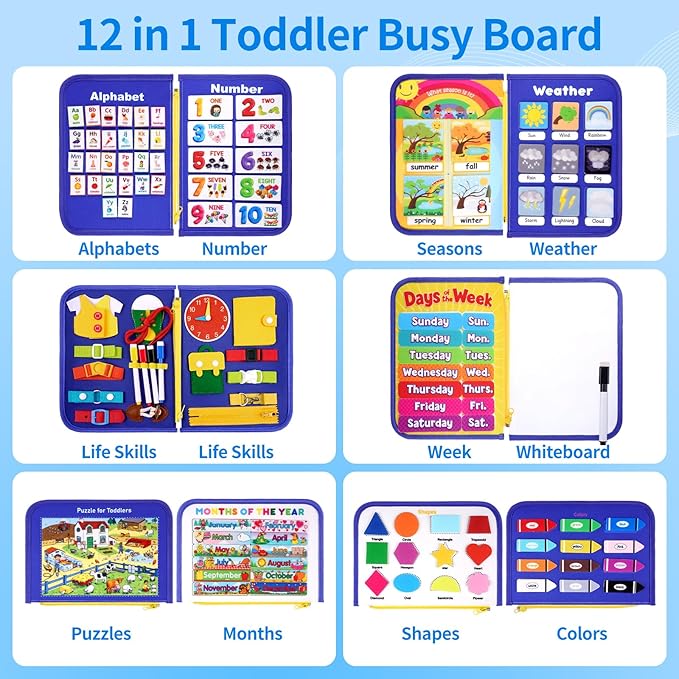 12-page Toddler Busy Board Montessori Toys for 1 2 3 4 Years Old, Busy Book for Toddlers 1-3 Boy Birthday Gift, 24 in 1 Activity Sensory Toys for Motor Skills, Travel Toy for Car Airplane (Blue)