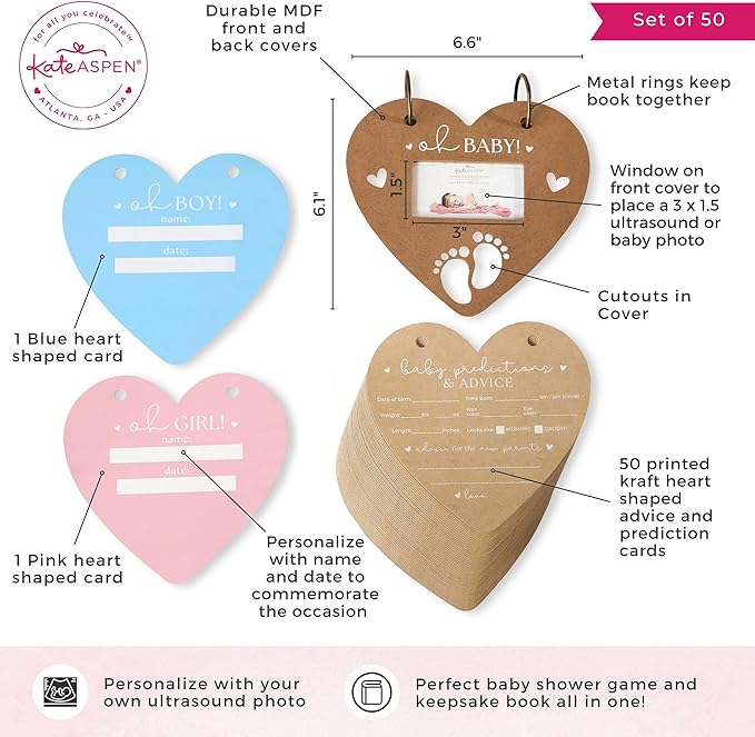Heart Shaped Baby Shower Prediction Card Book Keepsake, By Kate Aspen Advice Cards, Best Wishes, Baby Shower Decoration, Gender Neutral Baby Shower Game & Party Activity