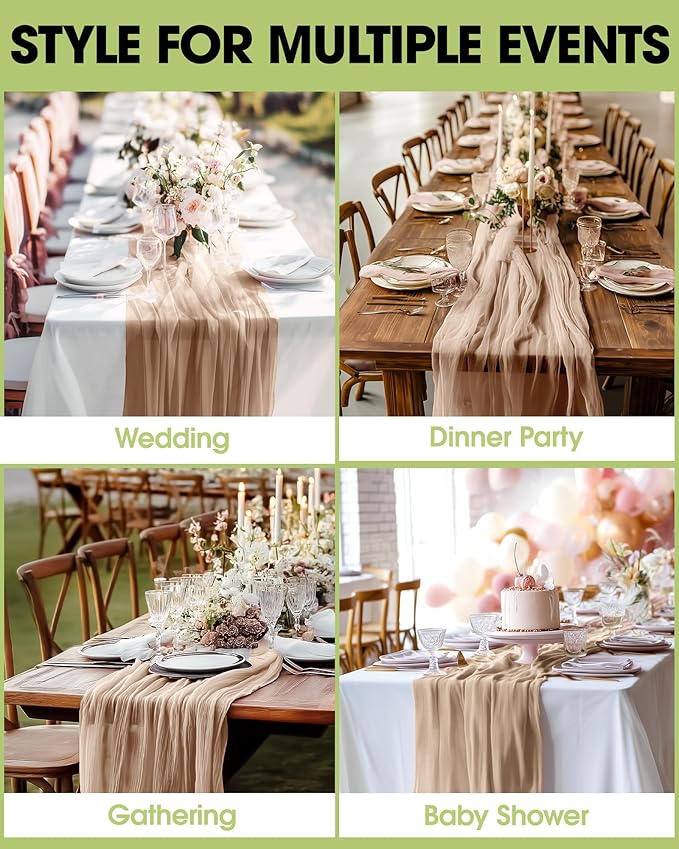 Pureegg 3-Pack Cheese Cloths Table Runner, 120'' Boho Table Cloth Decorations for Party, Baby Shower, Wedding and Farmhouse, Fabric Room Decor, Nude