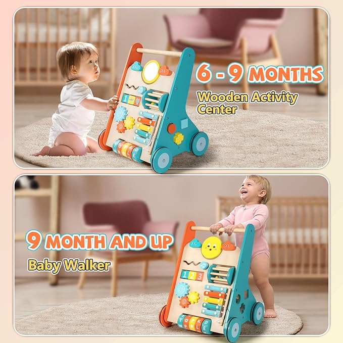 Wooden Baby Walker, Montessori Walker for Babies 6-12 Months, Push Walking Toys for 1 Year Old Learning to Walk