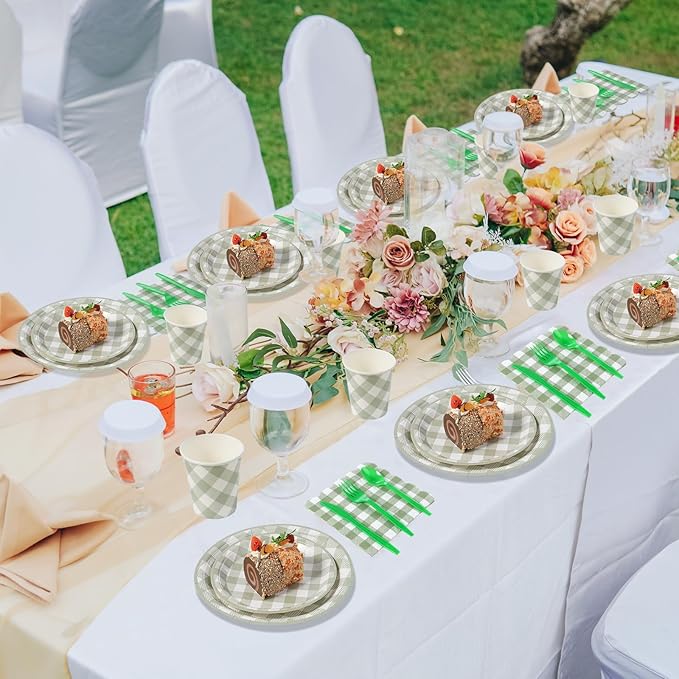 175 Pcs Sage Green Gingham Plates and Napkins Set, Sage Gingham Party Supplies with Paper Plates Napkins Cups Plastic Spoons Forks Knives for Wedding Picnic Baby Shower Decorations