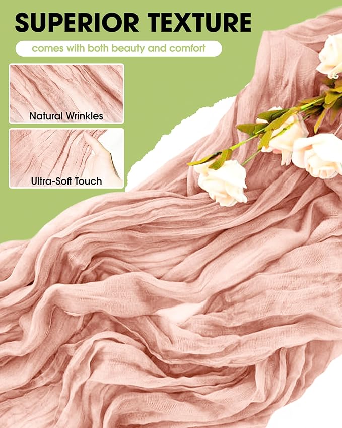 Pureegg 2-Pack Cheese Cloths Table Runner, 120'' Boho Table Cloth Decorations for Party, Baby Shower, Wedding and Farmhouse, Fabric Room Decor, Dusty Pink