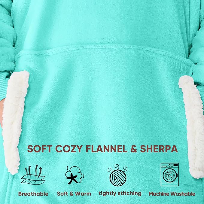 yescool Wearable Blanket Hoodie - Gifts for Women Her Girlfriend, Birthday Christmas Gifts For Mom, Oversized Flannel Sherpa Blanket Sweatshirt, One Size Fits All (Teal)