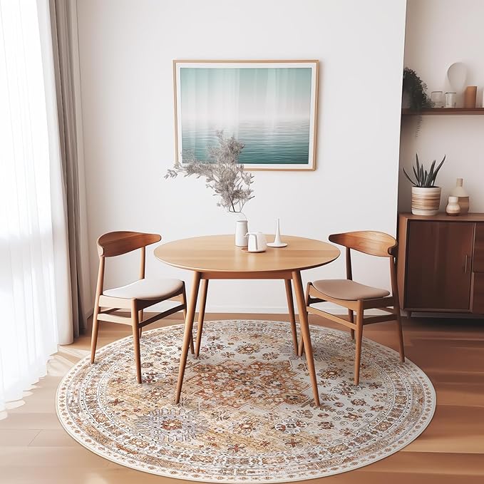 zesthome 8ft Round Rugs for Living Room, Non-Slip Washable Round Area Rugs, Ultra-Thin Large Circle Rugs, Soft Low Pile Rug for Bedroom, Kitchen - Vintage Stain Resistant Round Rug (Orange,8'x8')