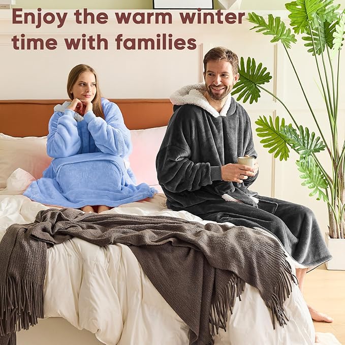 yescool Wearable Blanket Hoodie - birthday gifts for Adults/Women/mom, Flannel Cozy Sherpa Fleece Blanket Sweatshirt with Hood, Pocket & Sleeves, Large, One Size Fits All (Celeste)