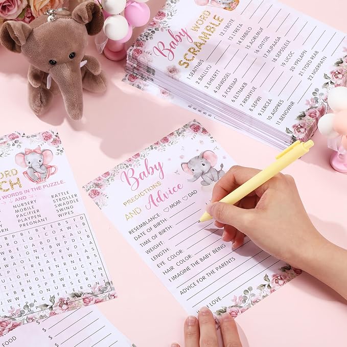 Jetec 302 Pcs Theme Baby Shower Games, 6 Games, 50 Sheets Each, Baby Shower Bingo, Baby Word Scramble, Baby Word Search, Baby Predictions and Advice, The Price is Right, Guess Who (Pink Elephant)