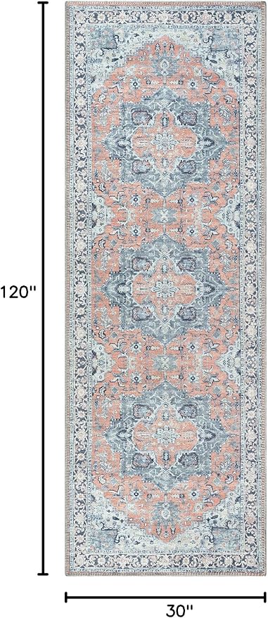 Bloom Rugs Washable Non-Slip 10 ft Runner - Coral/Blue Traditional Medallion Runner for Entryway, Hallway, Bathroom, and Kitchen - Exact Size: 2.5' x 10'