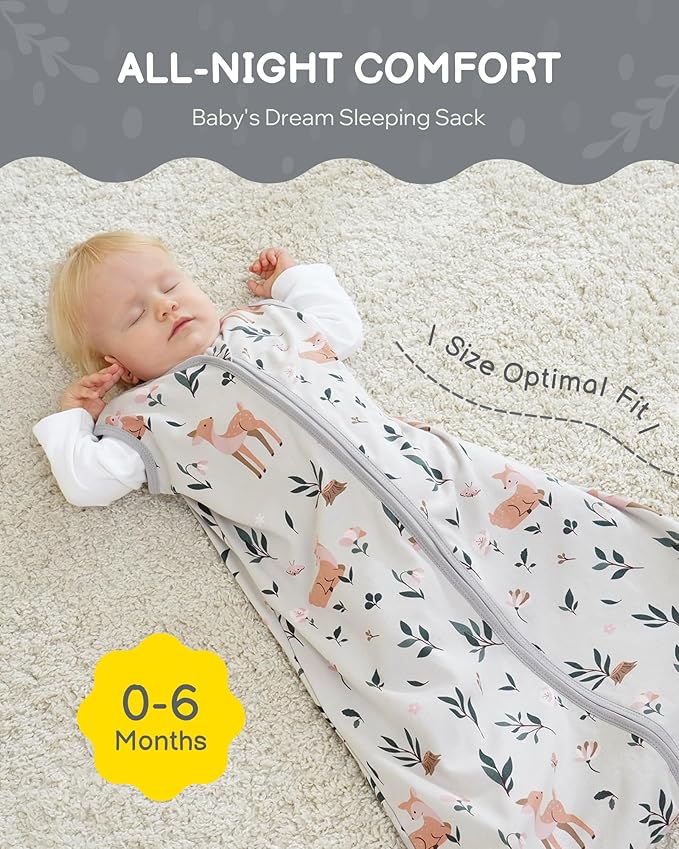 Baby Sleep Sack 0-6 Months, 100% Organic Cotton Wearable Blanket for Babies, 2-Way Zipper TOG 0.5 Lightweight Breathable Baby Sleeping Bag, 4 Sizes-S Cotton&Fawn&Grey