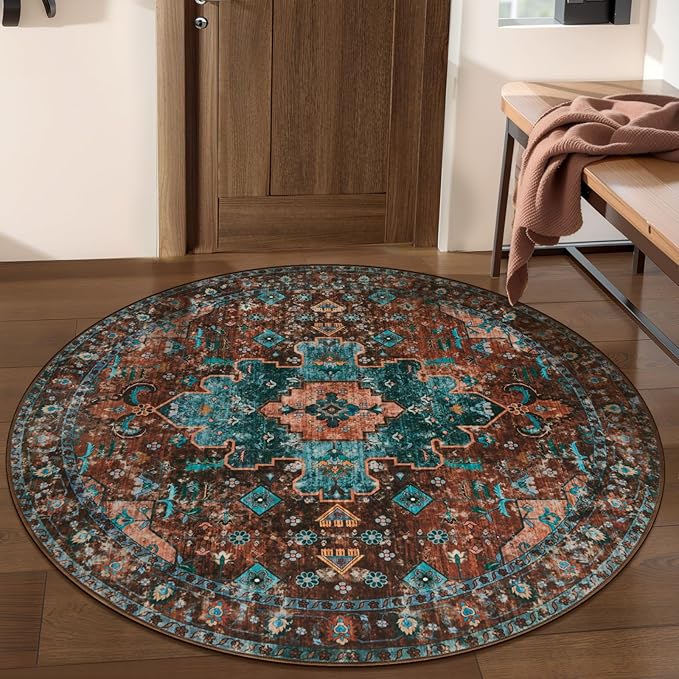 Ciicool Boho Area Rug 4x4ft Round Washable Bedroom Non-Slip Vintage Entryway Throw Low-Pile Indoor Carpet for Living Room Foyer(Brick Red/Dull Teal)