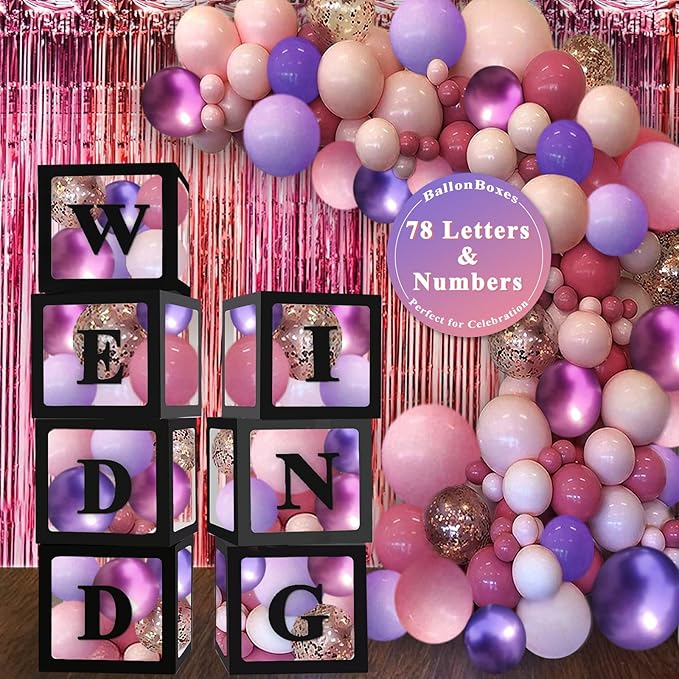 Ledido Black Transparent Balloon Boxes With 78 Letters, Letter Box for Baby Shower Clear Baby Box Black Balloon Boxes for Birthday, Bridal Shower, Graduation Prom Party Decoration, 7 PCS