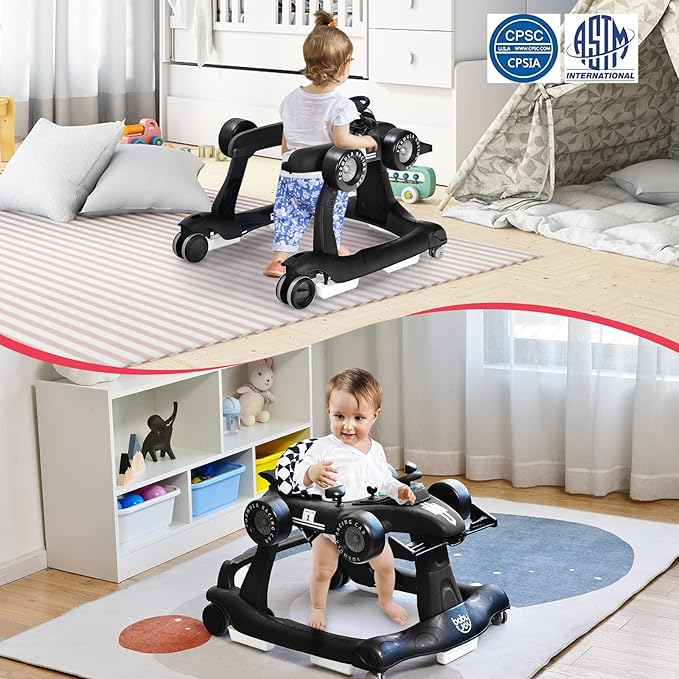 HOMGX Baby Walker with Wheels, Convertible Baby Push Walker & Race Car Mode, Infant Activity Center with Music Box, 3 Heights & 2 Speeds, Foldable Walkers for 6-18 Months (Black)