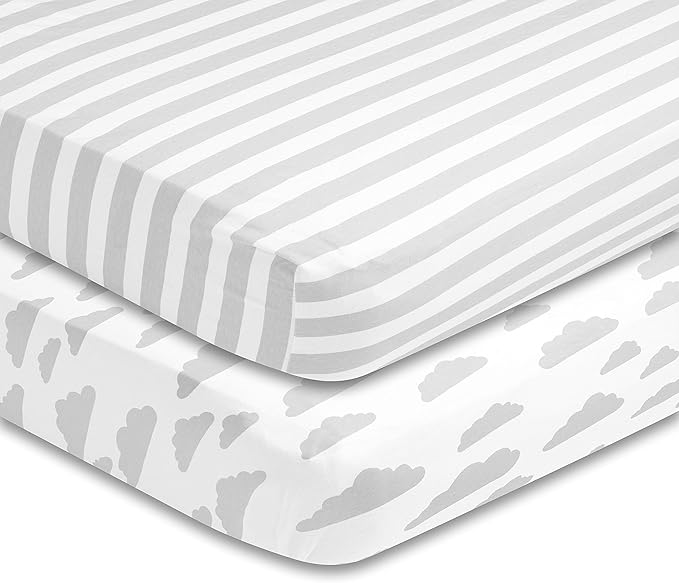 BaeBae Goods Premium Crib Sheets for Baby Boys and Girls, 3 Pack, Soft and Breathable Jersey Cotton Fitted Sheet Set, Grey and White, Cute Gender Neutral Nursery Mattress Bedding, Universal Fit