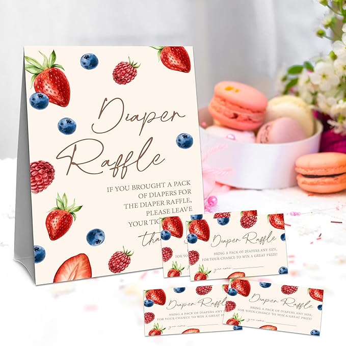 Blueberry & Strawberry Diaper Raffle Set For Baby Shower - 50 Raffle Tickets With 1 Standing Sign - Baby Announcement, Gender Reveal Baby Shower Party Decoration Game Set - A06