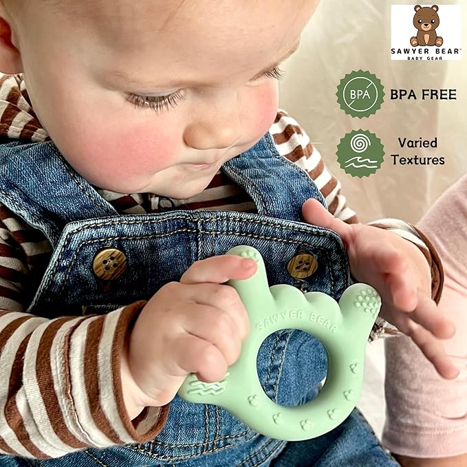 I Love You Silicone Hand Teether by Sawyer Bear Baby Gear, Teethers for Babies 3-6 Months, Soft Teething Toys 6-12 Months bpa Free, Massaging Teething Relief (Light Green)