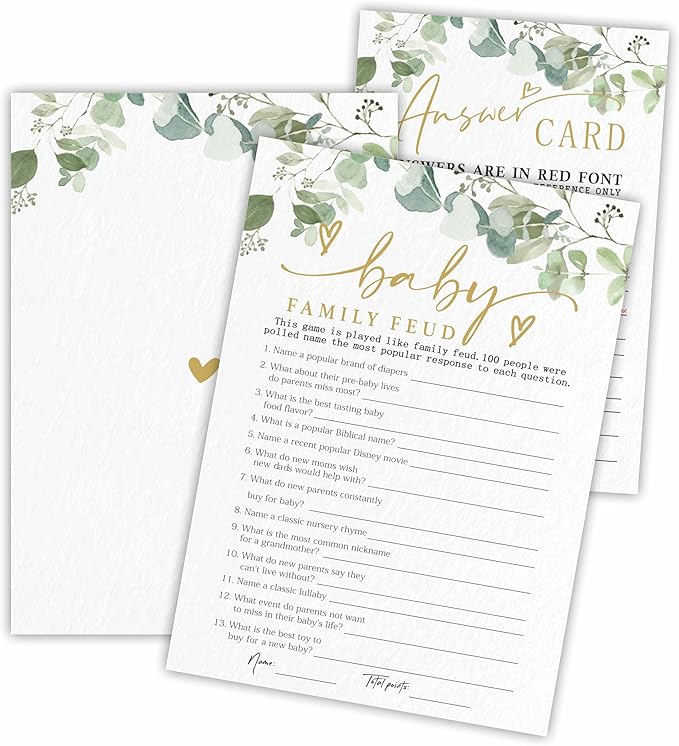 Baby Family Feud Baby Shower Game Cards - Golden Greenery - 30 Double-Sided Fill In Style Game Cards With Answer Card, Gender Reveal, Baby Announcement, Party Games & Activity - D12