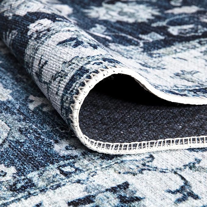 Bloom Rugs Washable Non-Slip 10 ft Runner - Dark Blue Traditional Bordered Runner for Entryway, Hallway, Bathroom, and Kitchen - Exact Size: 2.5' x 10'