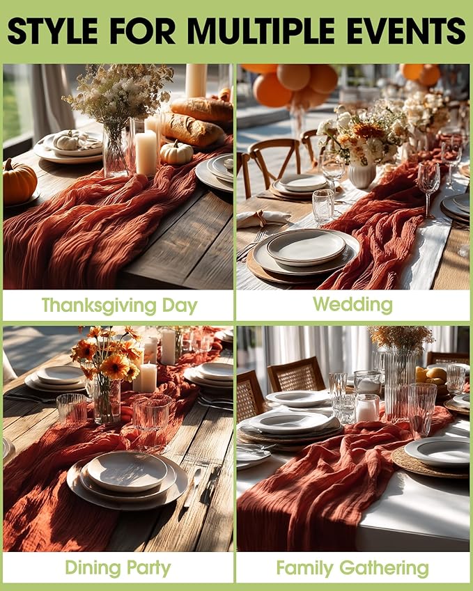 Pureegg 2-Pack Cheese Cloths Table Runner, 120'' Boho Table Cloth Decorations for Party, Baby Shower, Wedding and Farmhouse, Fabric Room Decor, Terracotta