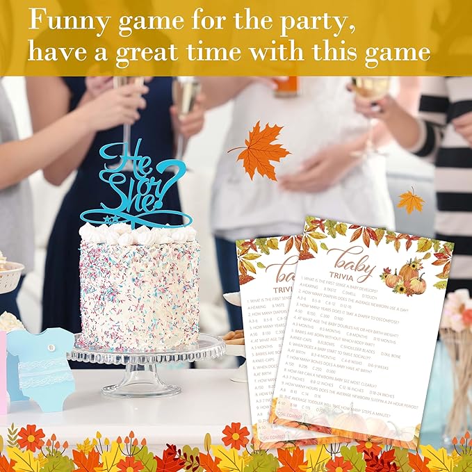 Fall Baby Shower Games, Baby Trivia Game Cards, 5x7 in, Thanksgiving Baby Shower Party Favor Decorations Supplies - A05