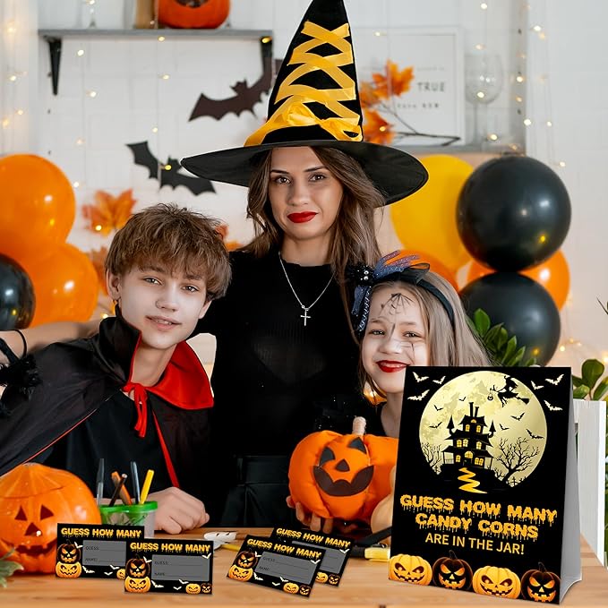 Halloween How Many Candy Corns Are In The Jar - 1 Standing Sign & 50 Guessing Cards - Halloween Funny Pumpkins Party Game & Decoration For Boys, Girls, Adults - Baby Shower, Birthday Game Set - A06