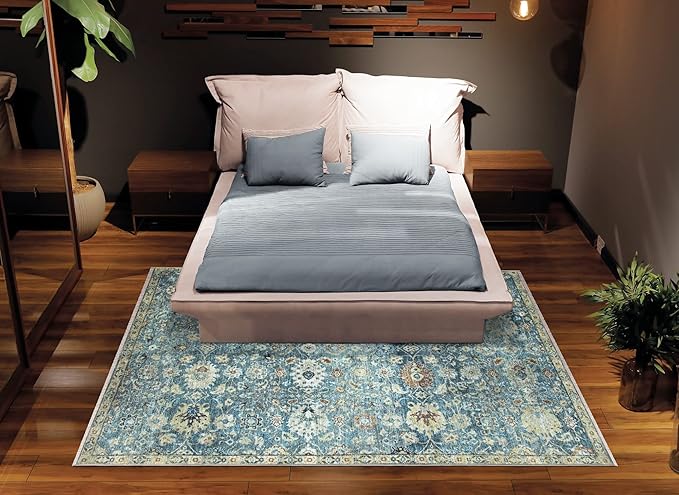 Bloom Rugs Caria Washable Non-Slip 3x5 Rug - Blue/Beige Traditional Area Rug for Living Room, Bedroom, Dining Room, and Kitchen - Exact Size: 3' x 5'