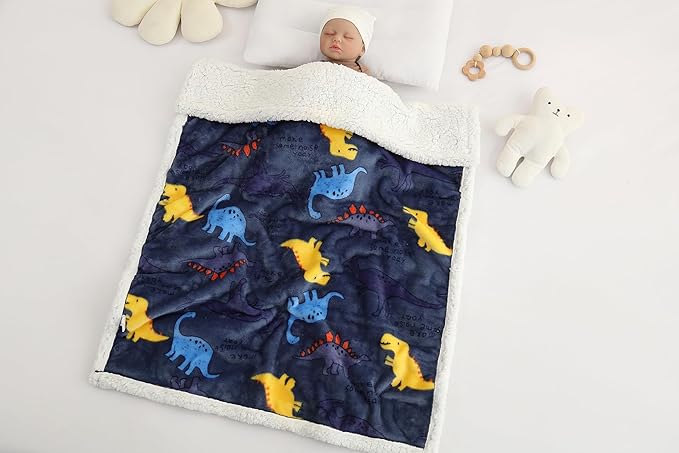 Newborn Baby Wrap Swaddle Blanket Flannel Sleeping Bag Receiving Fleece Blankets 30" x 40" Stroller Wrap for Baby (Navy Blue Dinosaur)