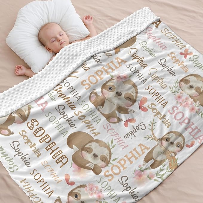 Personalized Baby Blanket for Girls Sloth Custom Baby Blankets with Name Dotted Backing Customized Gifts for New Mom Customize Baby Blanket for Kids Newborn Birthday