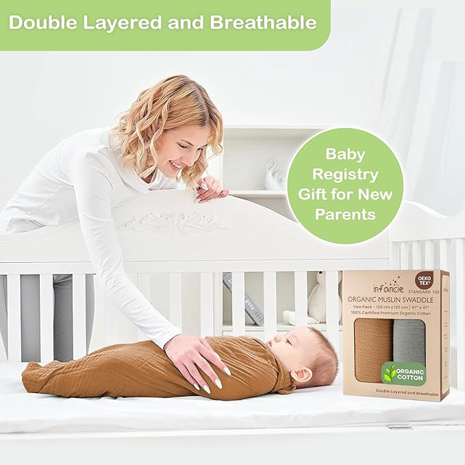 Organic Cotton Muslin Baby Blanket - 47x47 Inch Breathable Swaddle, Hypoallergenic Double-Layer, Versatile Use (Gold/Sage, 47x47 Inch)
