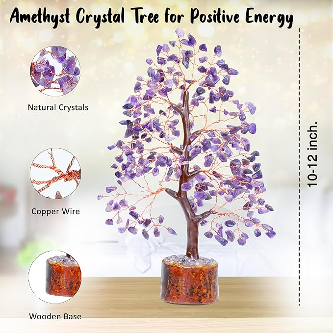 Crocon Amethyst Gemstone Tree Feng Shui Figurine Money Bonsai Chakra Balancing Good Luck Reiki Healing Crystals Decoration Ornament Sculpture Prosperity Table Decor Gift Size 10-12"