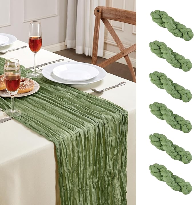 6 Pack Sage Green Cheesecloth Table Runner 10FT Long Boho Gauze Table Runner Rustic Sheer Runner for Wedding Bridal Baby Shower Birthday Party Table Decor Thanksgiving Christmas Decorations