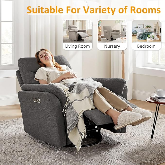 Power Recliner Chair Swivel Glider, Electric Rocking Recliner Chairs with USB and Type-C Ports, Nursery Chair Recliner for Office, Living Room, Bedroom(Dark Gray)
