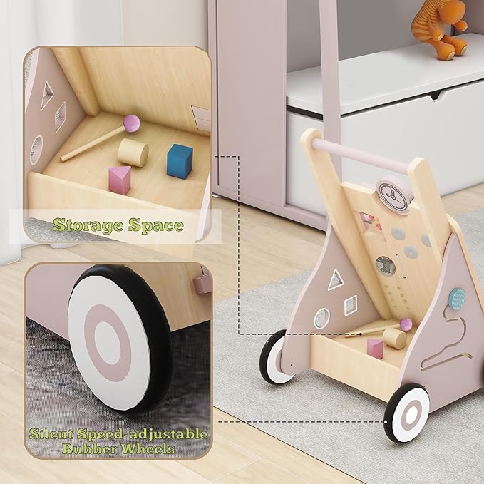 Wooden Baby Walker, Baby Push Walker Adjustable Height and Speed Multiple Learning Activity Walker Baby Walker with Wheels for Girls 6-12 Months, Pink