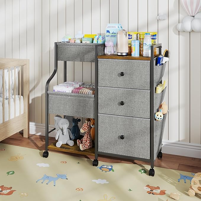 Baby Diaper Caddy, 3 Tier Baby Organizer and Storage Cart with Dividers and Drawers, Mobile Utility Rolling Cart, Newborn Baby Essentials Storage Cart with Wheels for Nursery, Bedroom, Grey