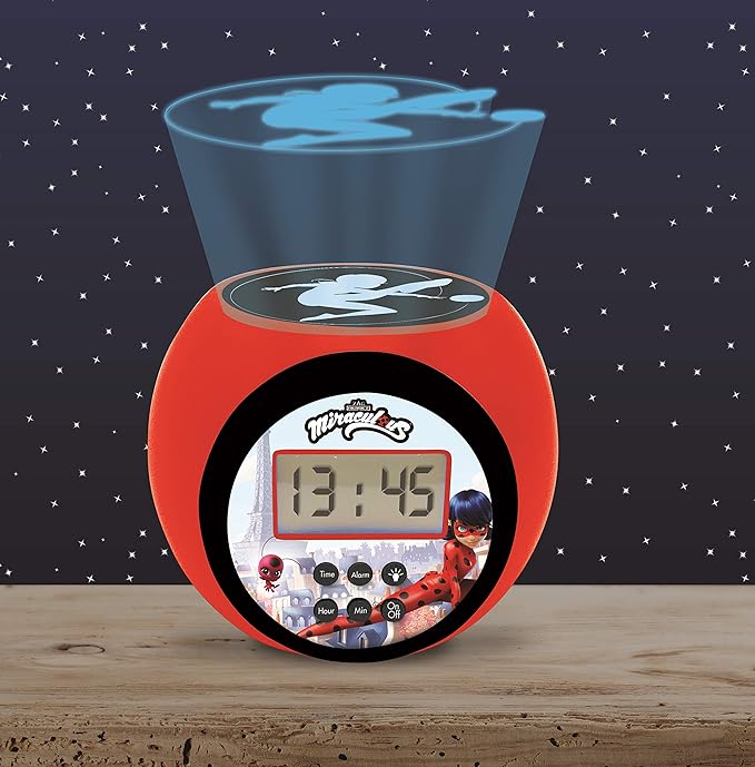 LEXiBOOK - Miraculous Projector Alarm Clock with Snooze Function and Alarm Function, Night Light with Timer, LCD Screen, Battery Operated, Red/Black, RL977MI