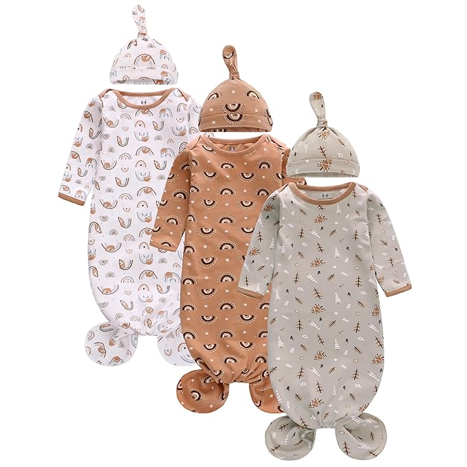 Newborn Knotted Nightgown Long Sleeve with Matching Hat Set 3 Pack, Baby Sleeper Gowns Unisex Home Outfits Set with Mitten Cuffs for Boys Girls 0-3 Months