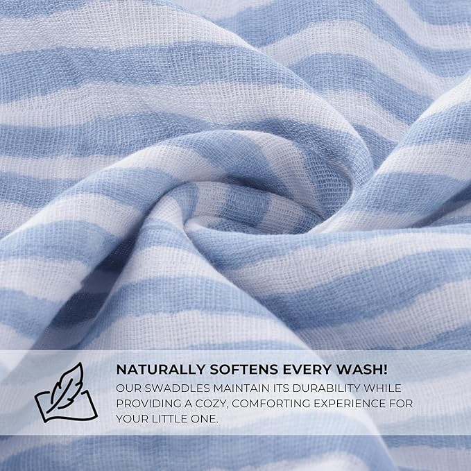 Featherhead™ 100% Cotton Muslin Swaddle Blankets for Baby Boy - Large 47”x 47” - Pre-Washed, Soft, & Breathable - Newborn Essential & Perfect Baby Registry Gift (4 Pack - Blue Foxes)