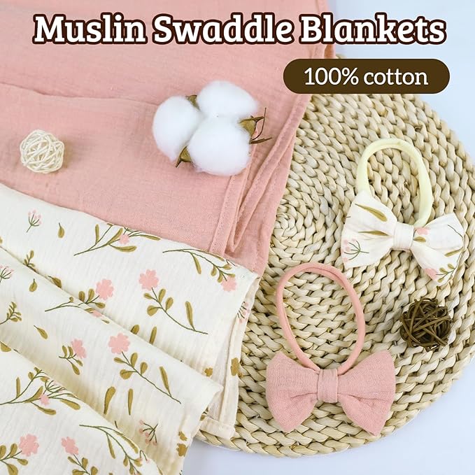 2 Pack Muslin Swaddle Blankets and Headbands for Baby Boys Girls Receiving Blanket for Newborn 47 x 47 inches Soft Breathable Swaddle Blanket Wrap