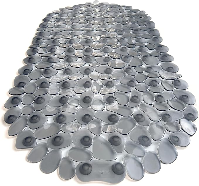 “Pebbles” Non-Slip Bathtub & Shower Mat 27”x14” Oval - Non-Toxic - Safe, Clean, Machine-Washable, Superior Grip & Drainage, Vinyl, for Smooth Floors ONLY, Transparent Gray