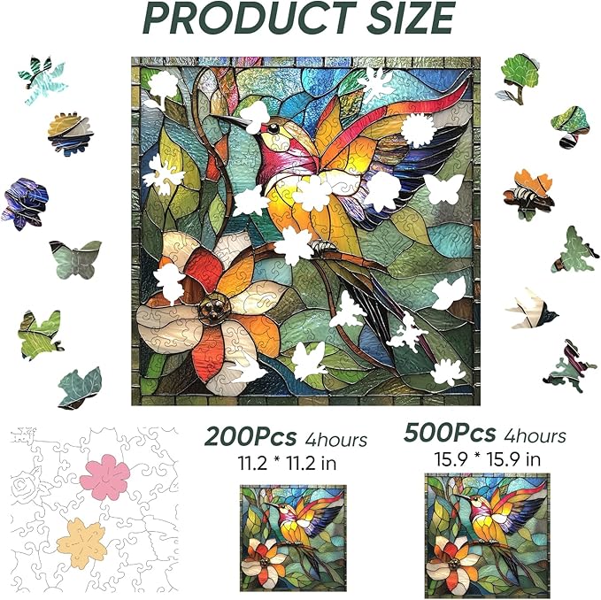 Wooden Puzzles for Adults, Hummingbird Flower Jigsaw Puzzles, Unique Shape Adult Puzzles, Irregular Christmas Thanksgiving Gifts for Family Friend(11.1 * 11.2 in-200pcs)