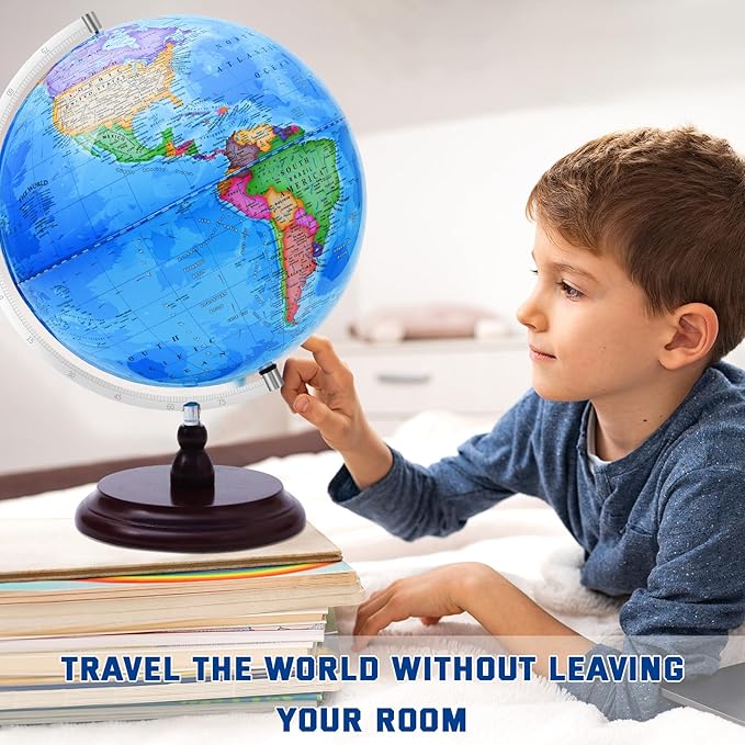 World Globe for Children and Adults, 13 inch Educational Spinning Earth Map with Stand, Self-Assembled Interactive World Globes for Kids Learning, Classroom, Students Desk, Room and Office Decor
