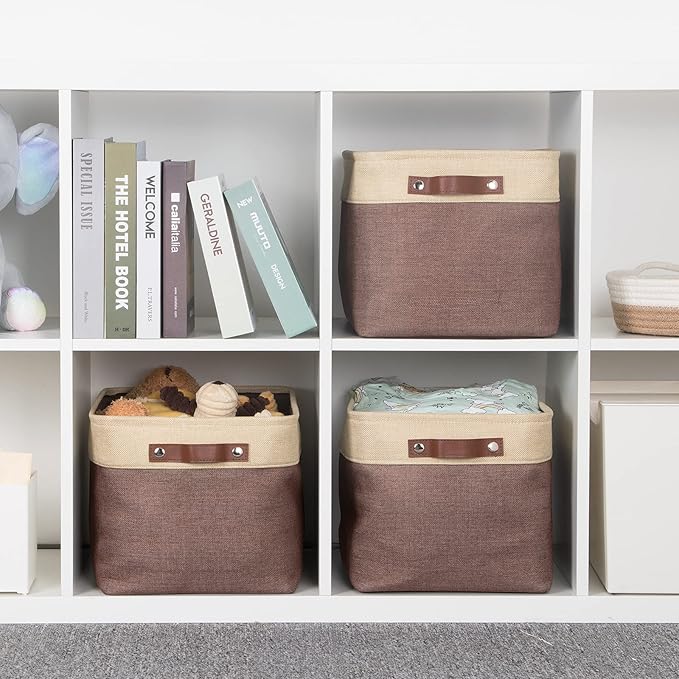 HNZIGE Large Fabric Storage Bins (3 Pack) Canvas Baskets for Storage Clothes Toys, Closet Baskets with Handles for Organizing Baby Nursery Closet Shelves Organization(Gold&Brown, 15" X 11" X 9.5")