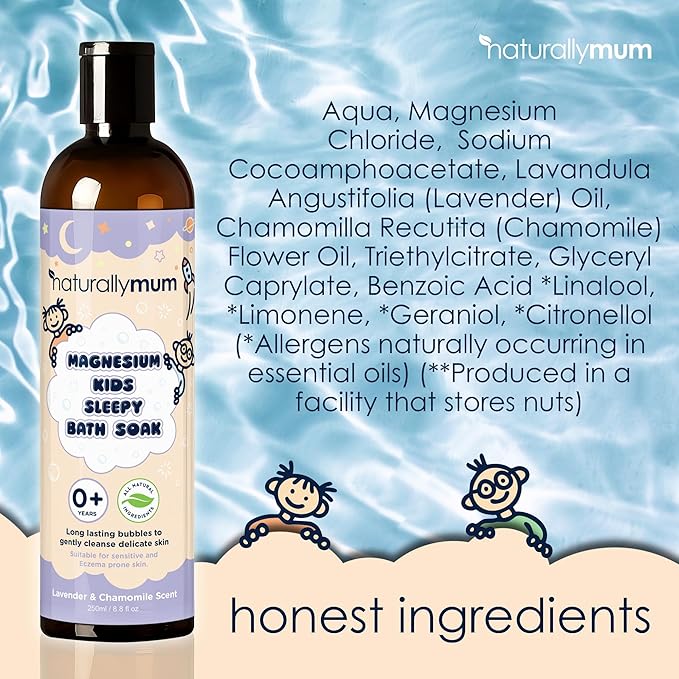 Kids Magnesium Sleepy Bath Soak - Bubble Bath - All-Natural & Calming - Suitable for Newborns with Dry & Sensitive Skin - Lavender & Chamomile Essential Oils – Made in UK - 8.8fl oz