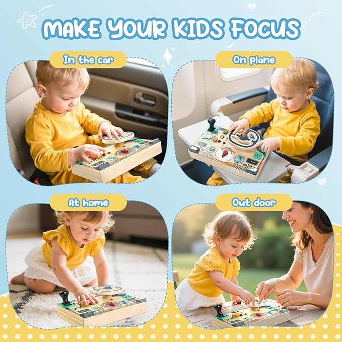 Busy Board Montessori Toys for 1 2 3 Year Old, Wooden Toddler Sensory Toys Busy Board with LED Lights Sound Switch, Toddlers Activity Travel Toy, Steering Wheel Toys Toddler Toy Gifts for Boys Girls