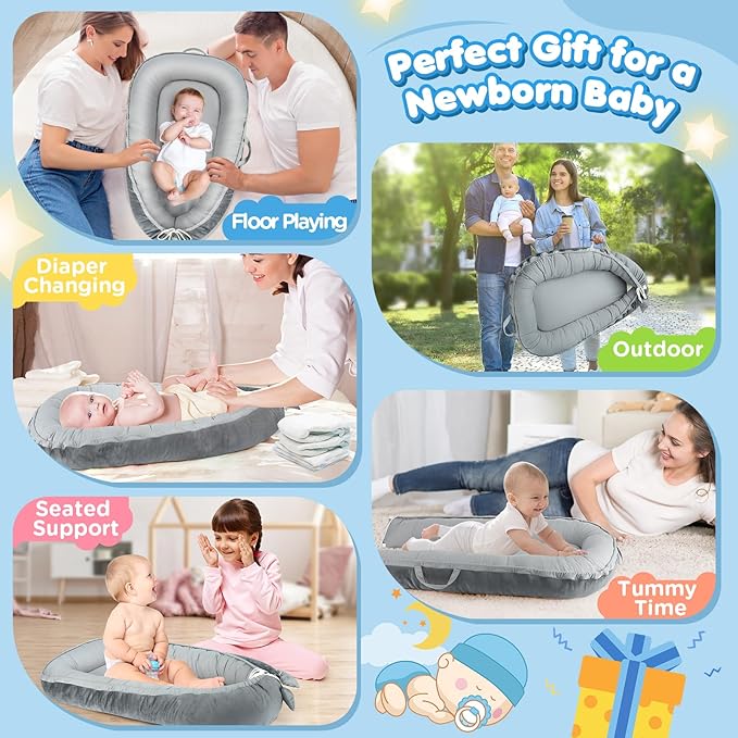 Baby Lounger - Baby Lounger for Newborn 0-24 Months, Breathable & Soft Cotton and Velvet Cover Baby Nest, Portable Cozy Infant Lounger for Home and Travel, Ideal Baby Essentials & Shower Gifts